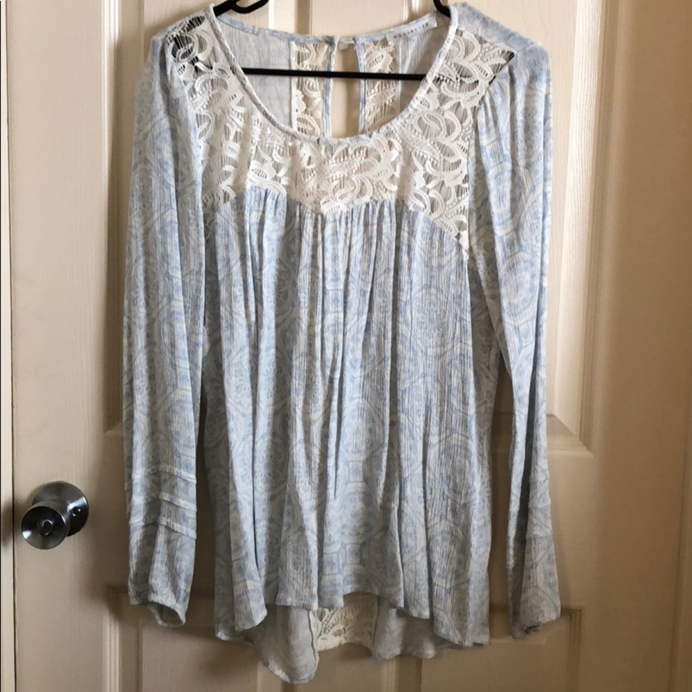 Blue and white long sleeve blouse